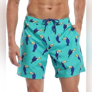 LRD Men's Swim Trunks Compression Liner 7 In Inseam Quick Dry Toucan/Palm Size S